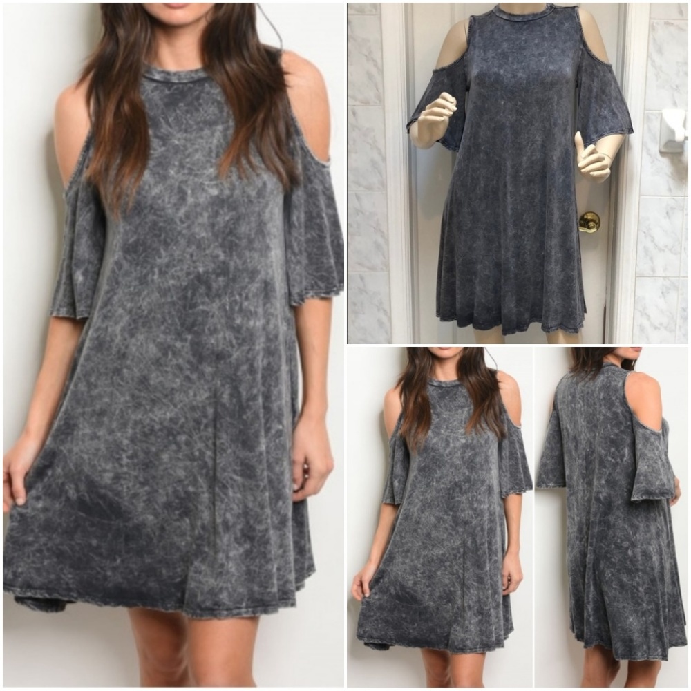 CHARCOAL GREY MINERAL WASHED COLD SHOULDER DRESS